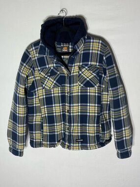 Berne Navy Yellow White Plaid Insulated Hooded Work Shacket L Streetwear